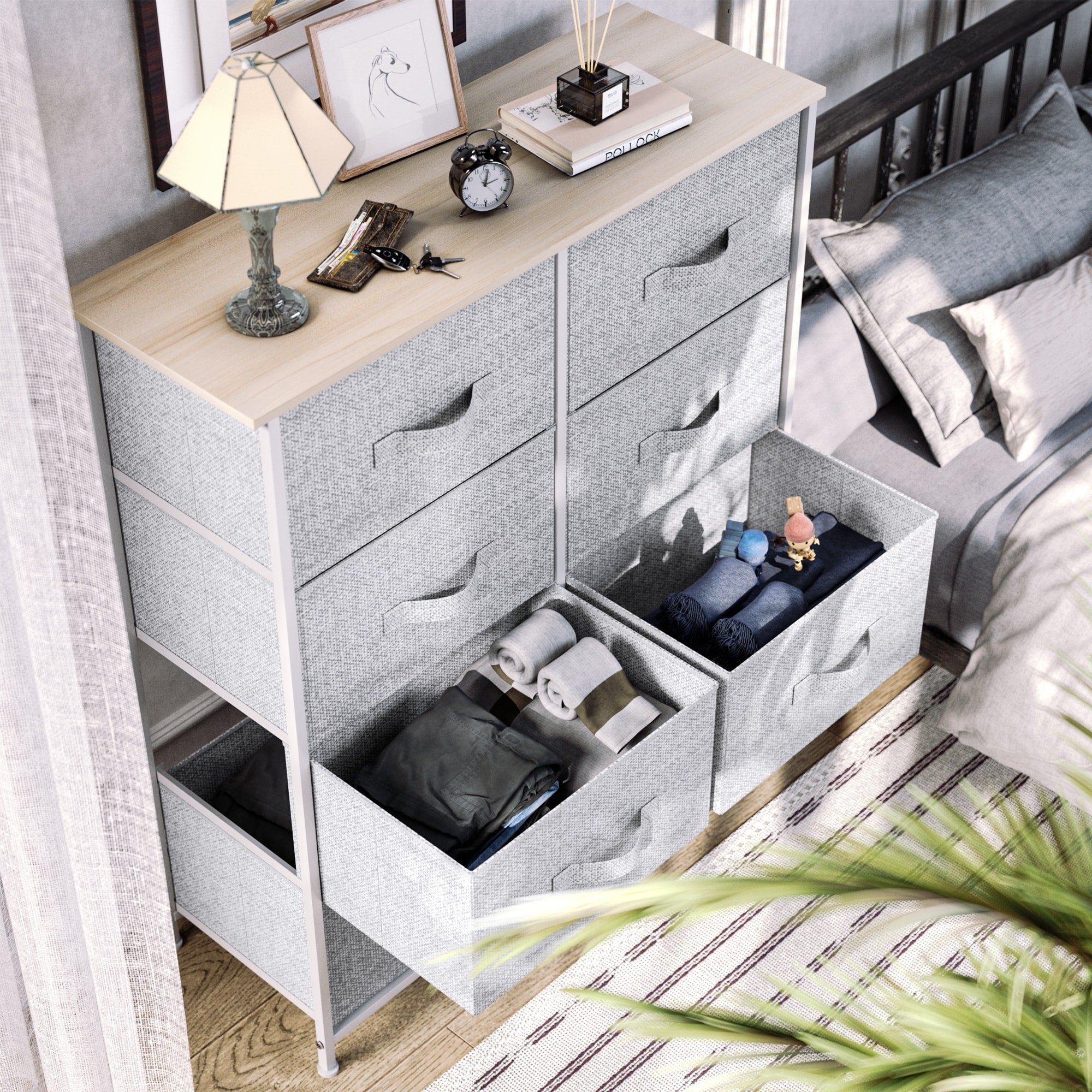 Commode moderne en tissu à 4/8/10 tiroirs avec plateau en bois