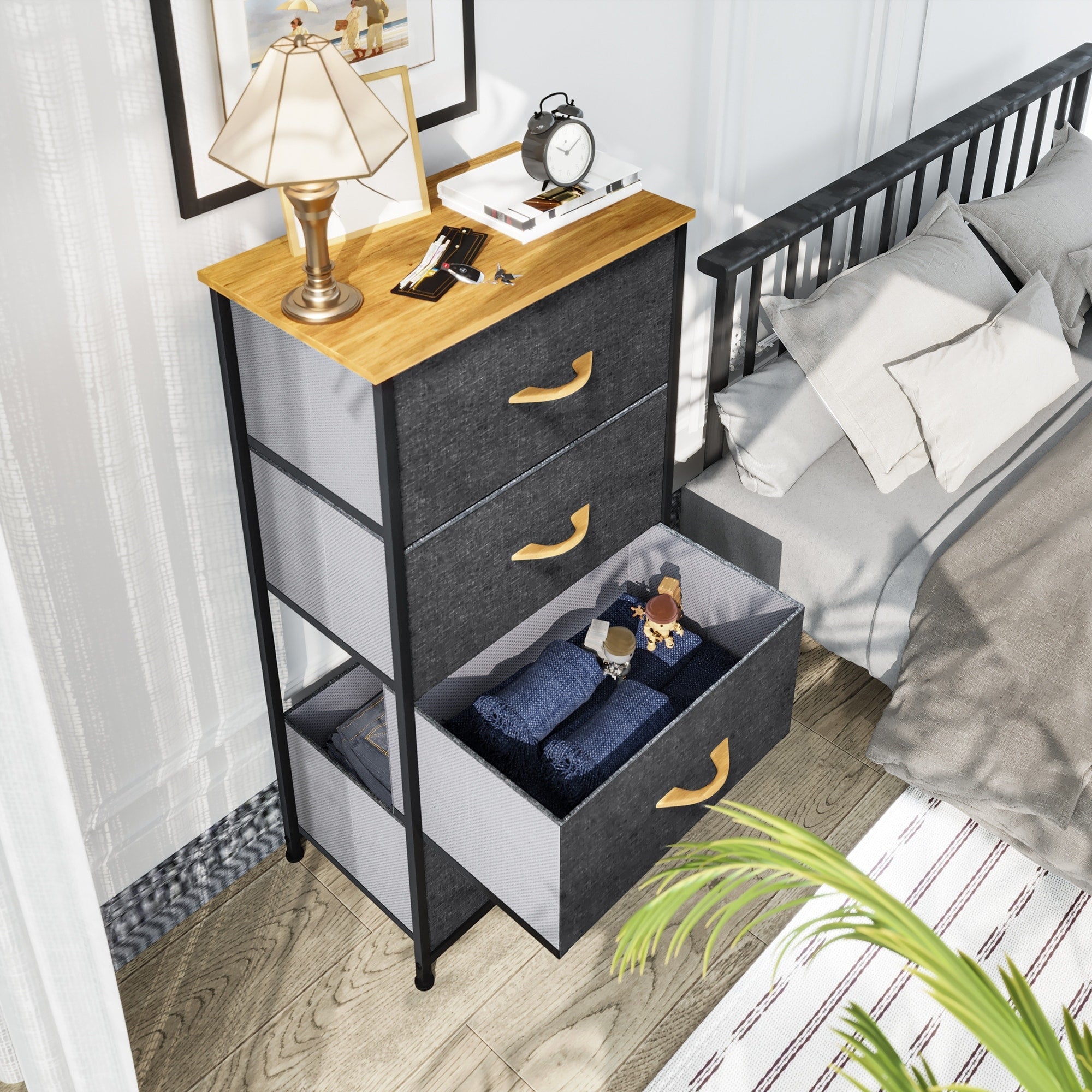 Commode moderne en tissu à 4/8/10 tiroirs avec plateau en bois