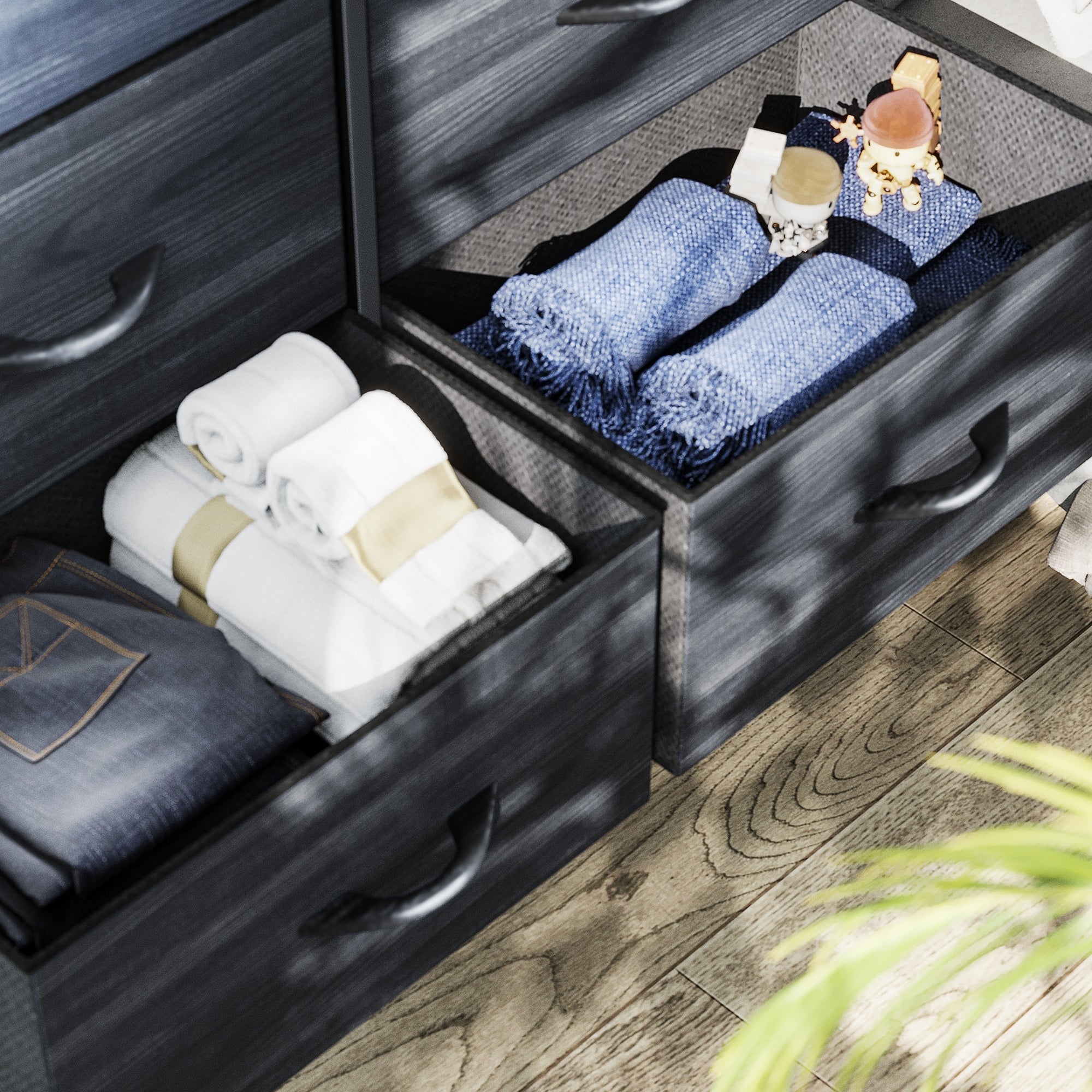 Commode moderne en tissu à 4/8/10 tiroirs avec plateau en bois