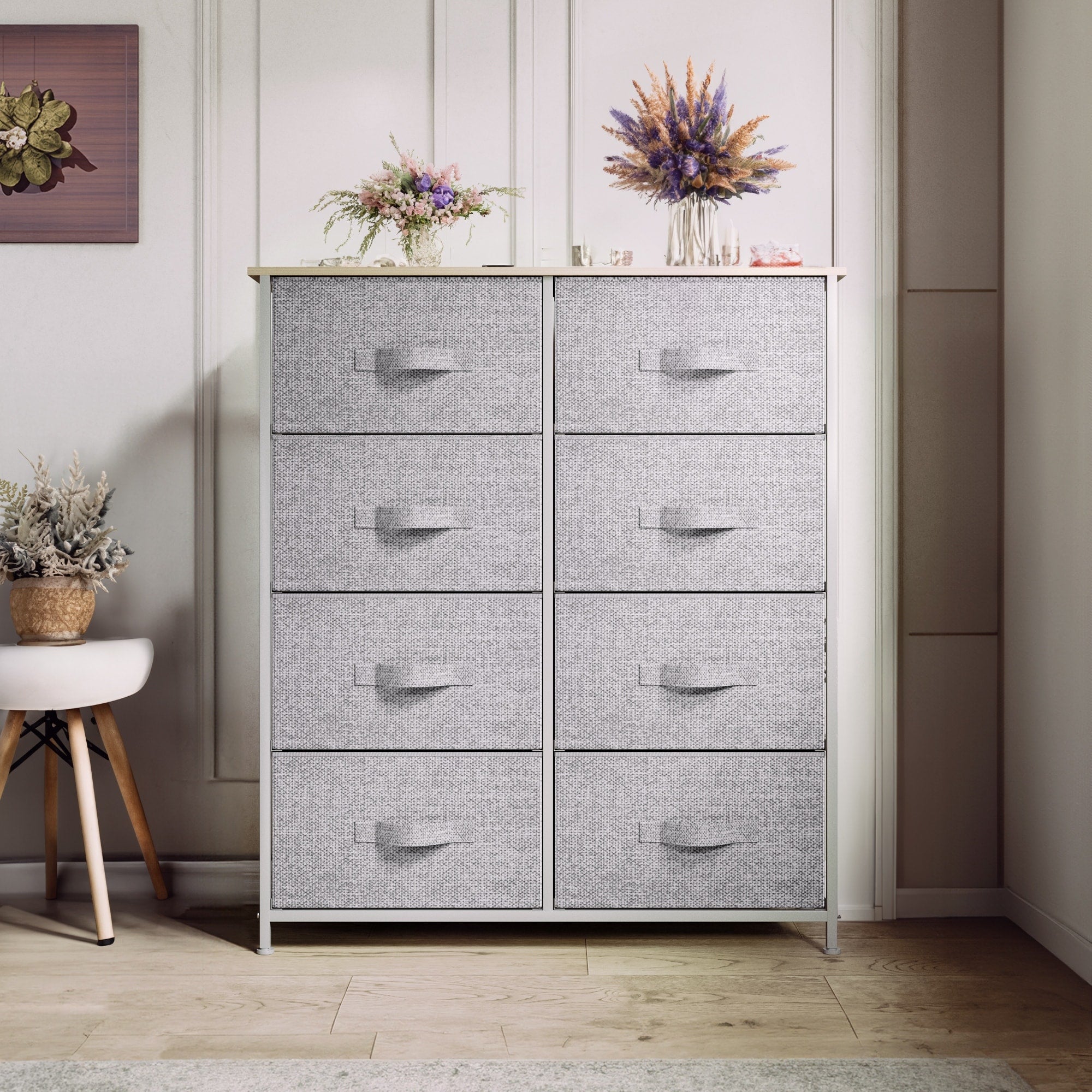 Commode moderne en tissu à 4/8/10 tiroirs avec plateau en bois