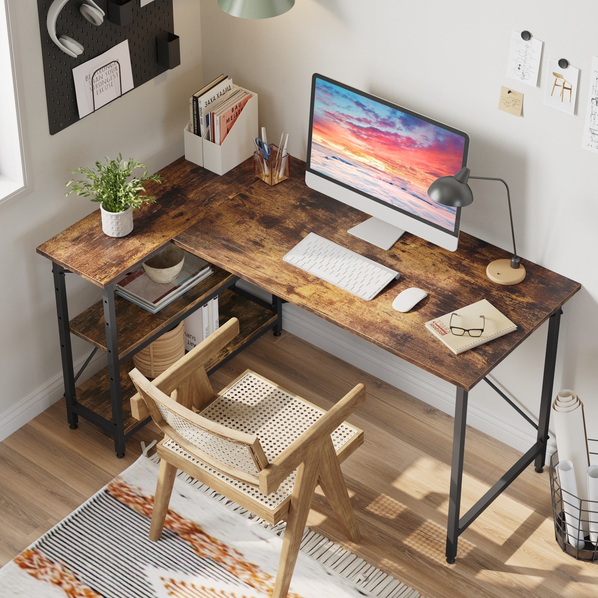 Petit bureau en L avec étagères de rangement Bureau d'ordinateur d'angle