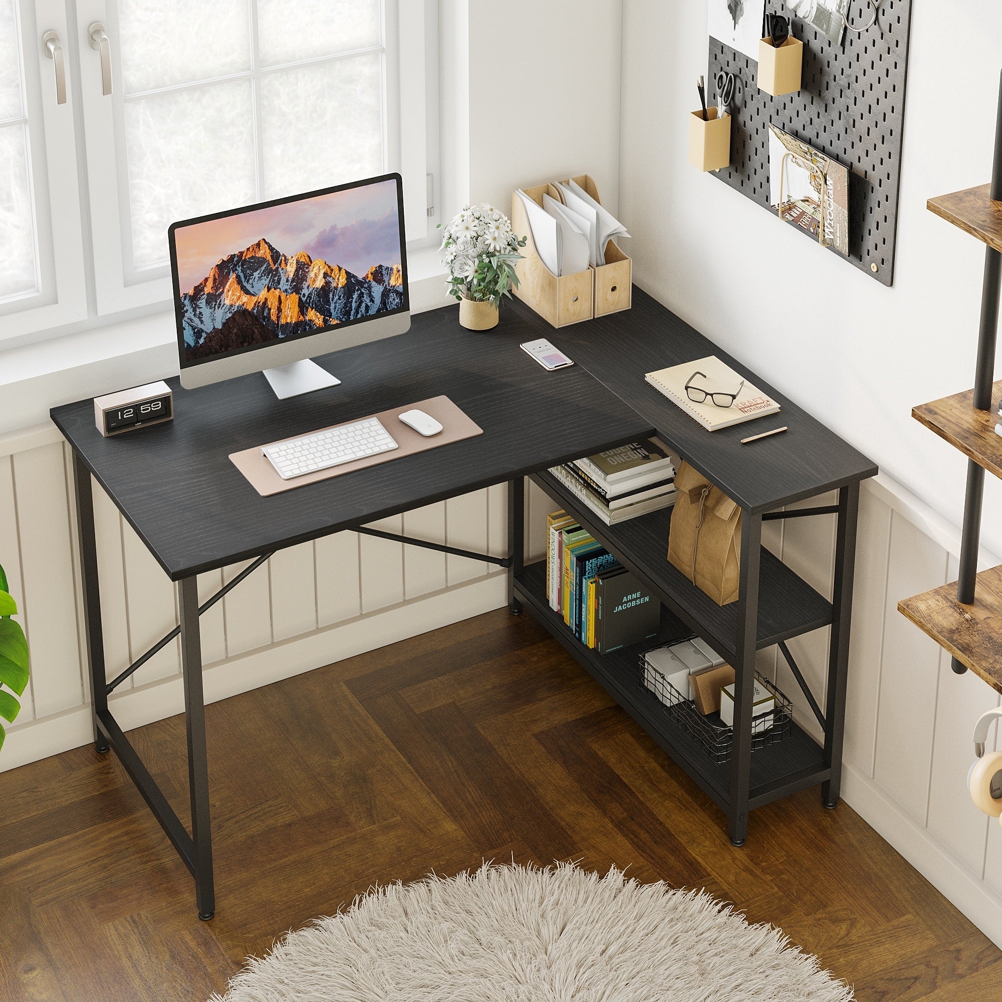 Petit bureau en L avec étagères de rangement Bureau d'ordinateur d'angle