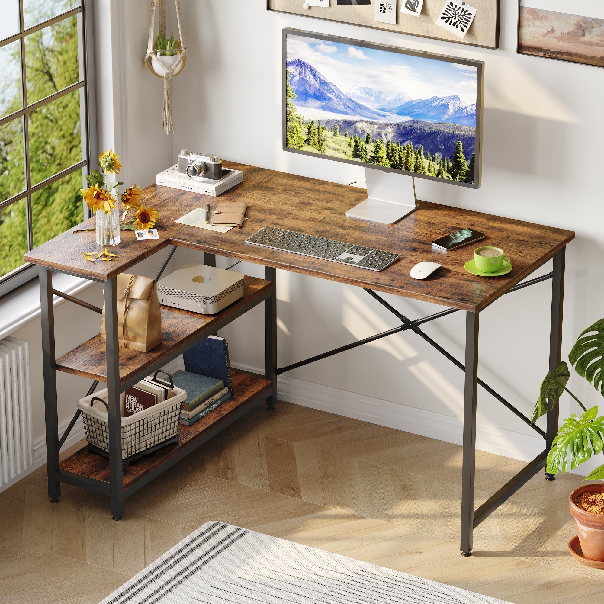 Petit bureau en L avec étagères de rangement Bureau d'ordinateur d'angle