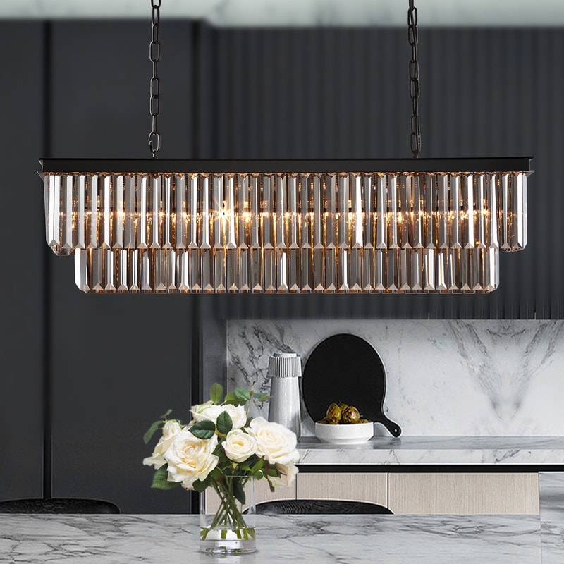 Lustre contemporain en cristal gris fumé et noir de 47 po, luminaire suspendu linéaire à deux niveaux pour îlot de cuisine et salle à manger