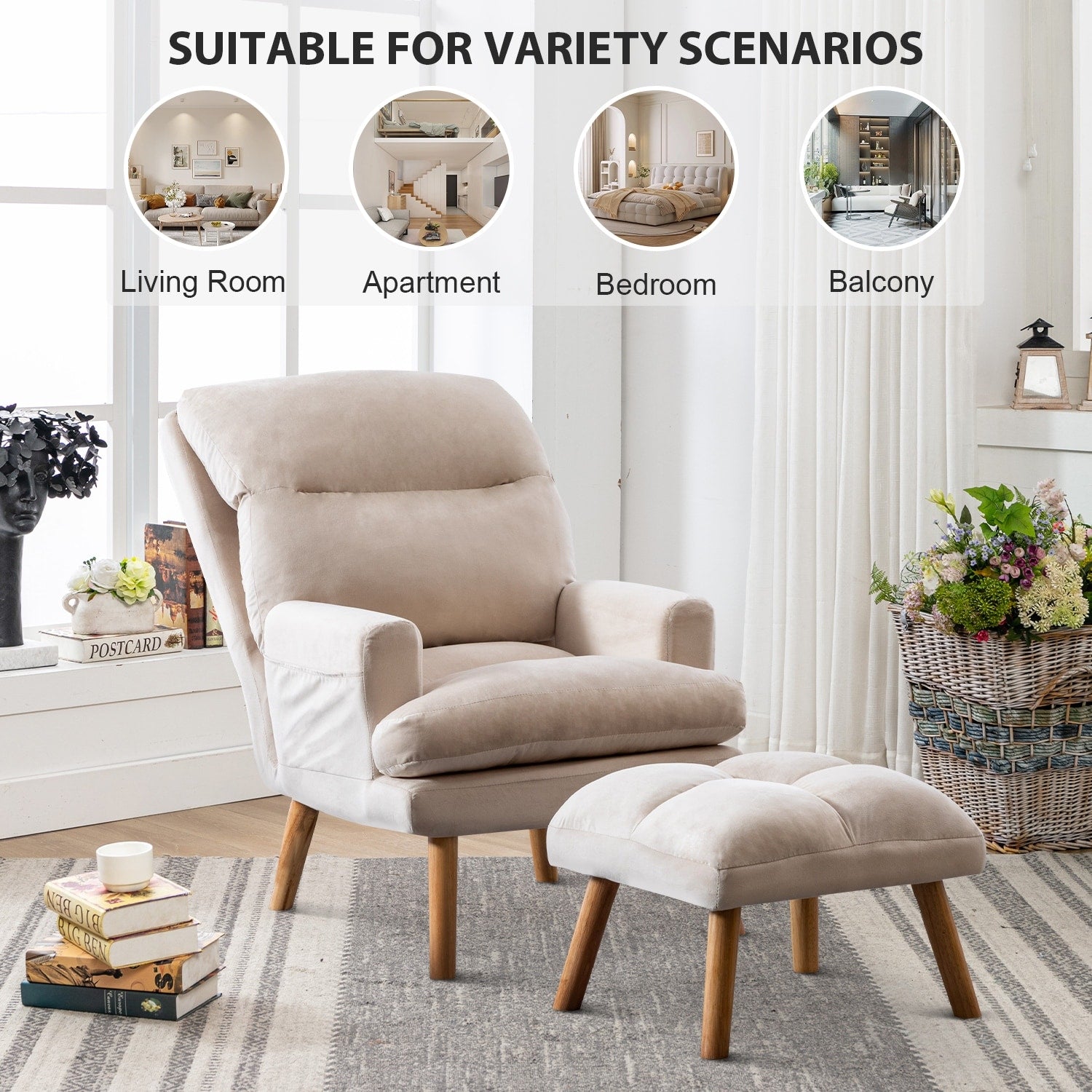 Fauteuil de salon décontracté en tissu doux avec dossier et pieds réglables