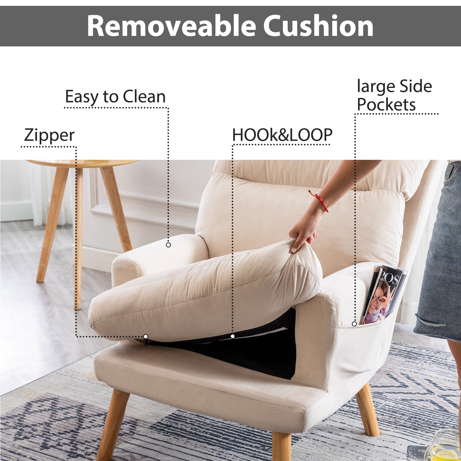 Fauteuil de salon décontracté en tissu doux avec dossier et pieds réglables