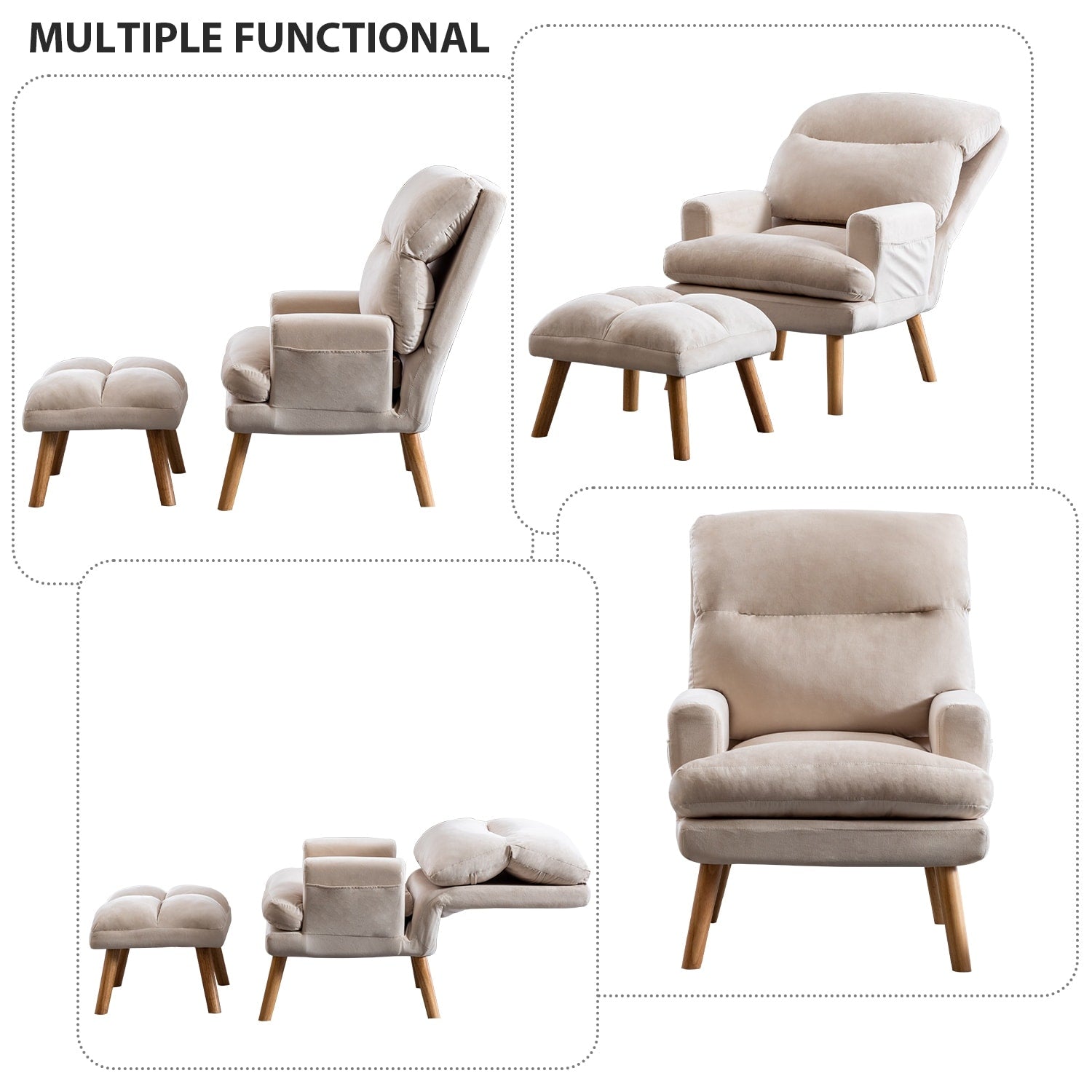 Fauteuil de salon décontracté en tissu doux avec dossier et pieds réglables