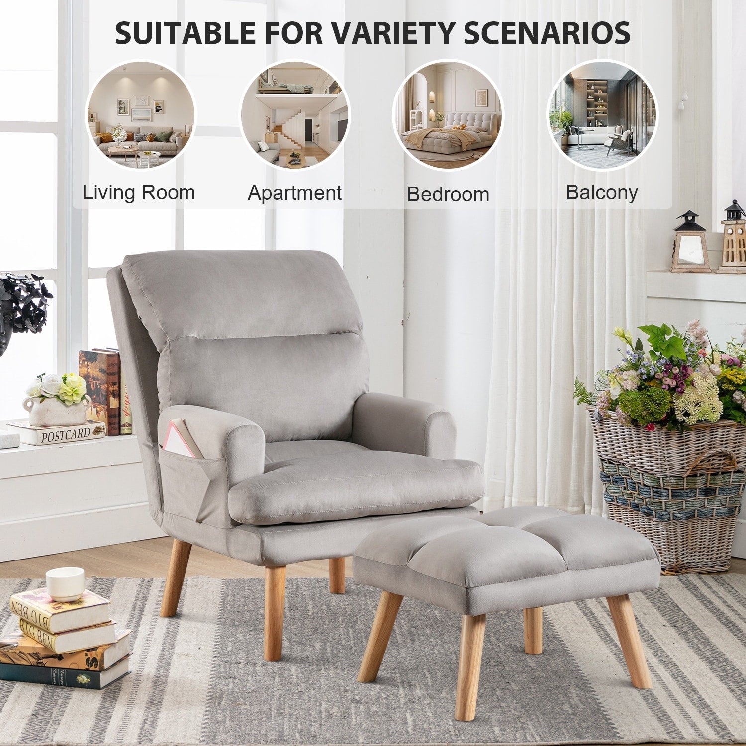 Fauteuil de salon décontracté en tissu doux avec dossier et pieds réglables