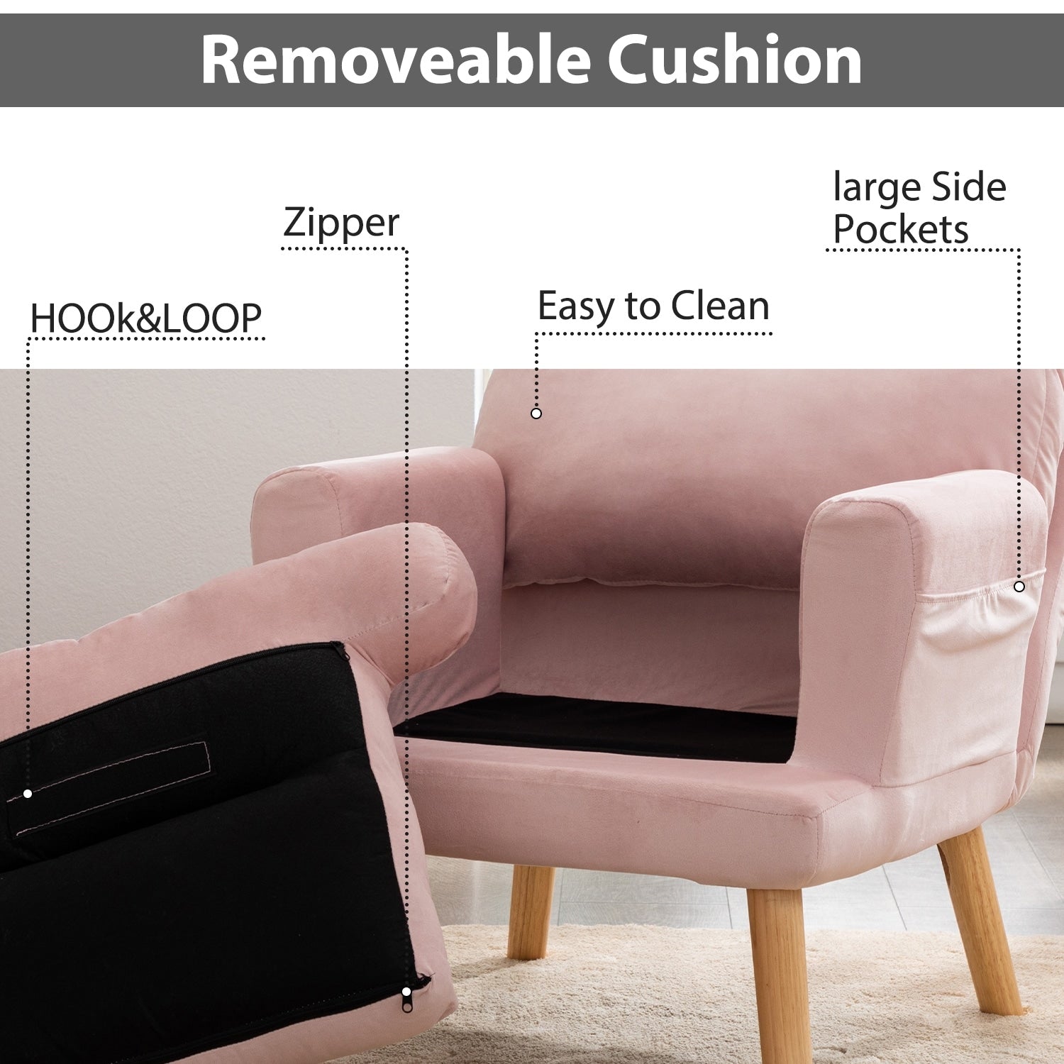 Fauteuil de salon décontracté en tissu doux avec dossier et pieds réglables