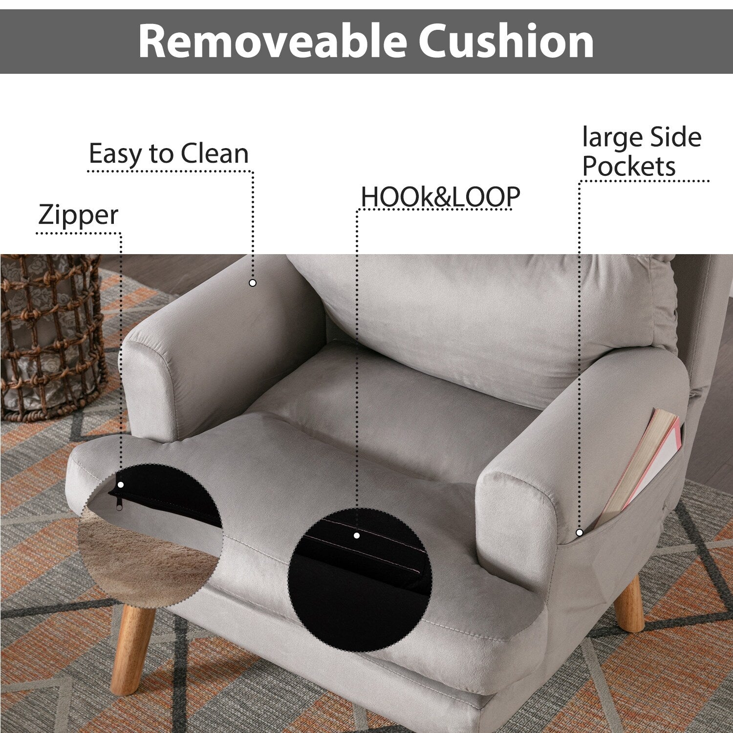 Fauteuil de salon décontracté en tissu doux avec dossier et pieds réglables