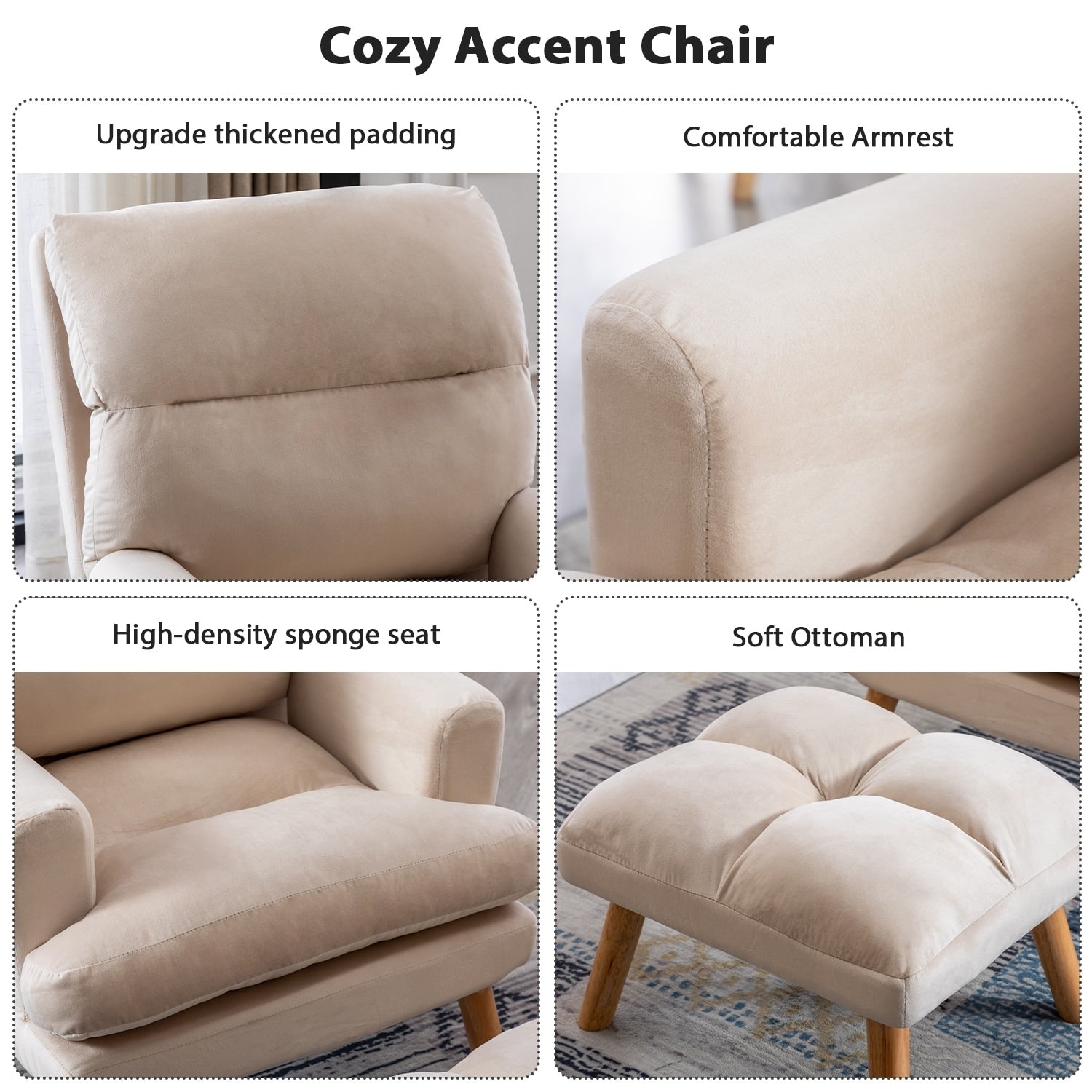 Fauteuil de salon décontracté en tissu doux avec dossier et pieds réglables