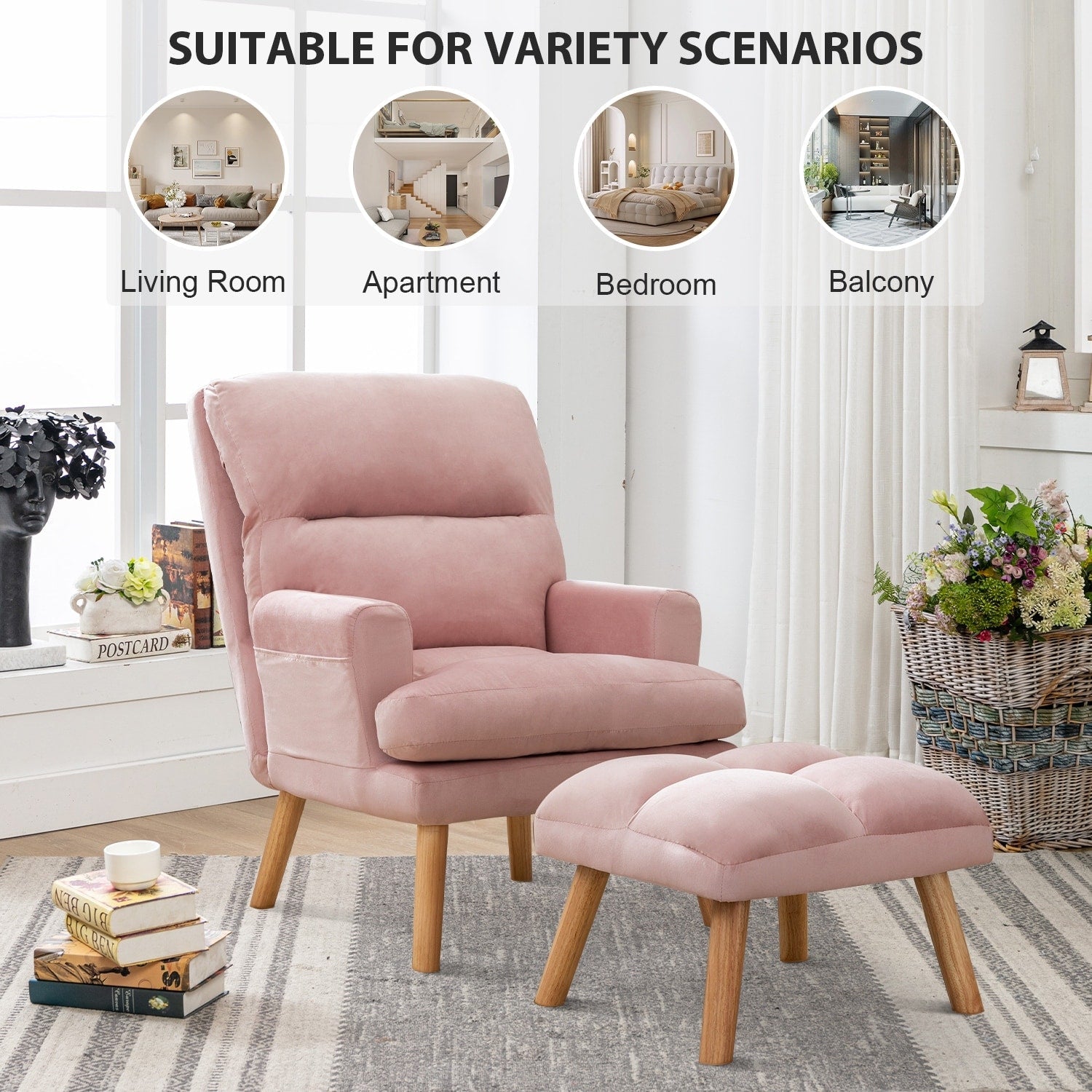 Fauteuil de salon décontracté en tissu doux avec dossier et pieds réglables