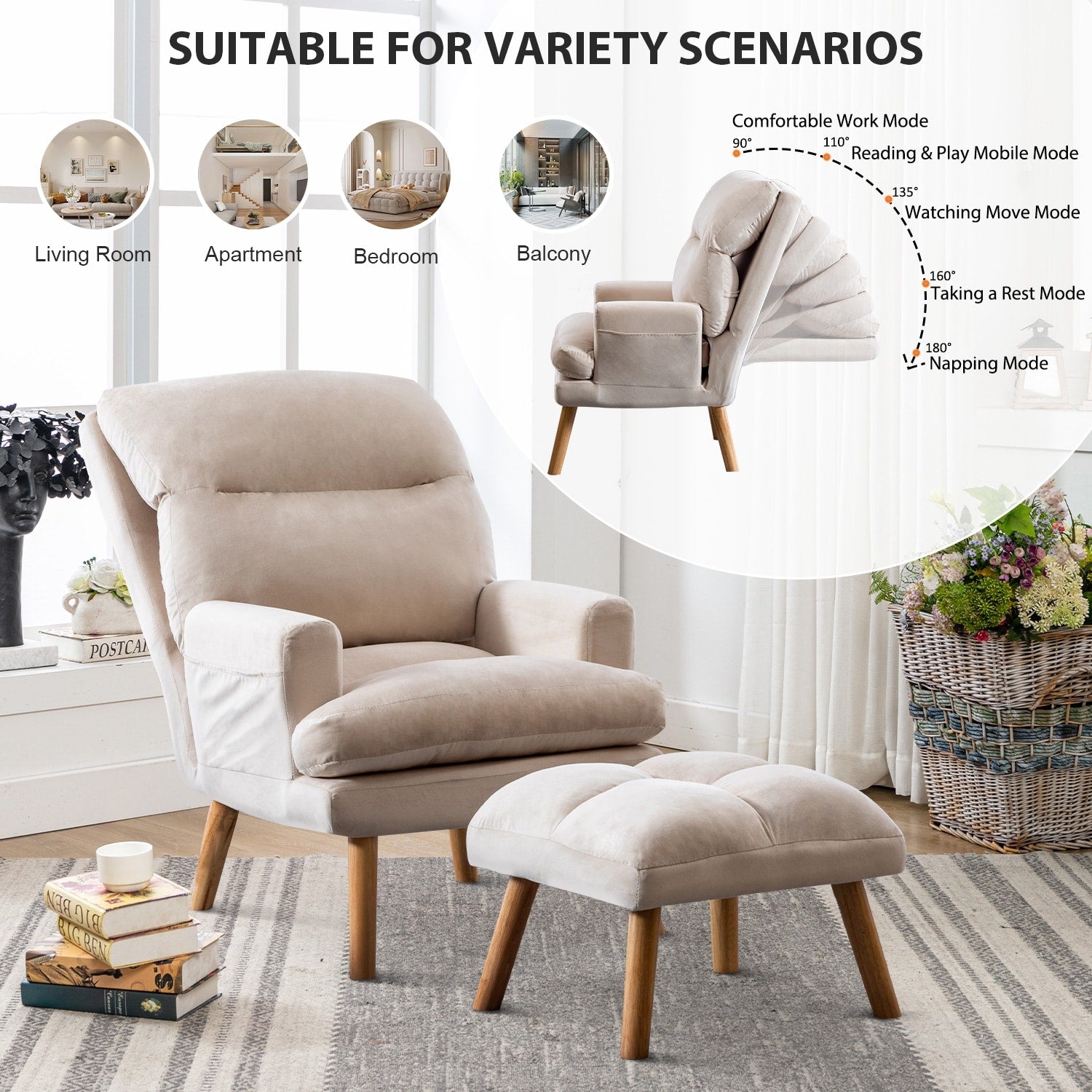 Fauteuil de salon décontracté en tissu doux avec dossier et pieds réglables
