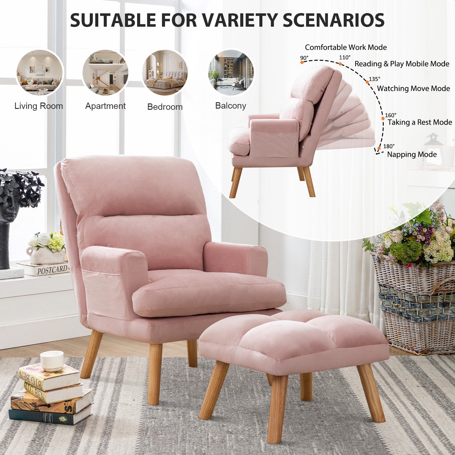 Fauteuil de salon décontracté en tissu doux avec dossier et pieds réglables