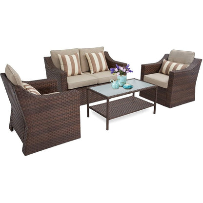 Ensemble de 4 ou 5 chaises longues en osier pour patio extérieur avec table basse et coussins