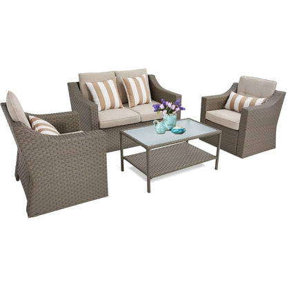 Ensemble de 4 ou 5 chaises longues en osier pour patio extérieur avec table basse et coussins