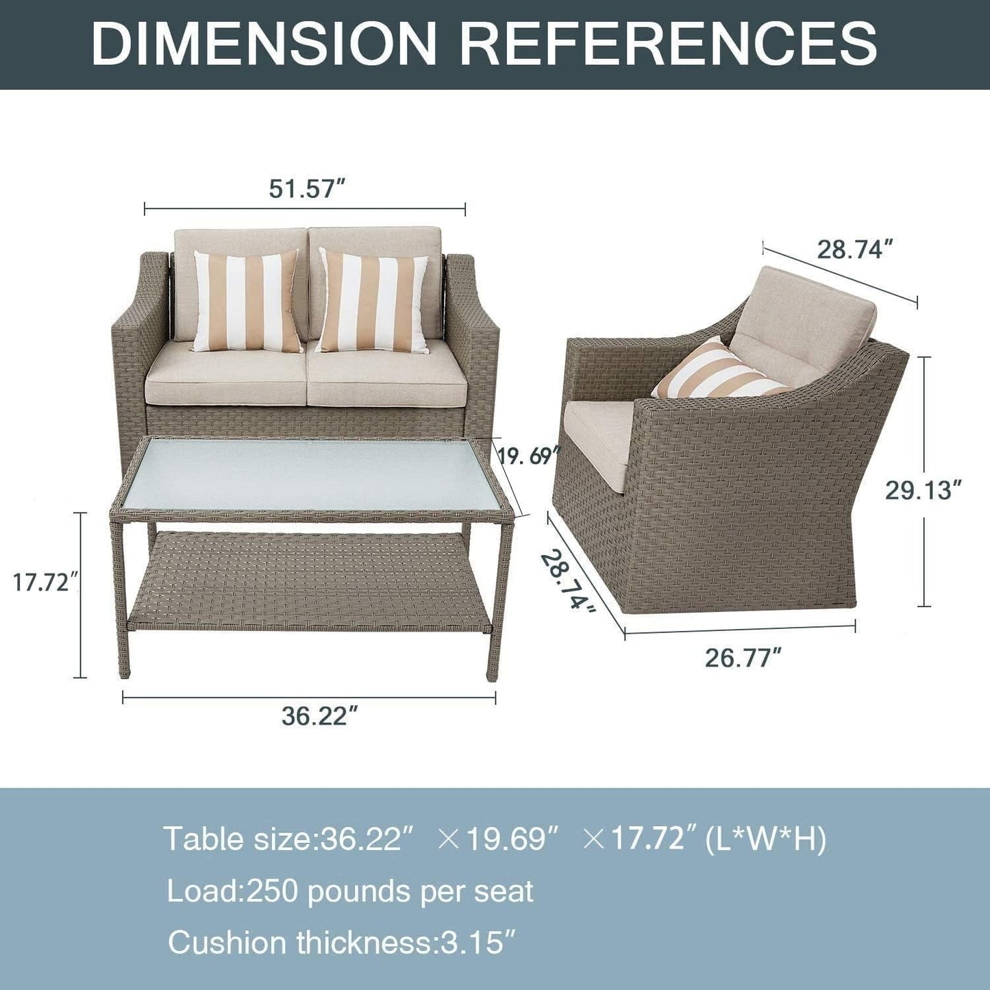 Ensemble de 4 ou 5 chaises longues en osier pour patio extérieur avec table basse et coussins