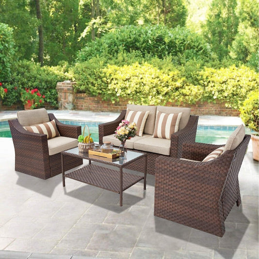 Ensemble de 4 ou 5 chaises longues en osier pour patio extérieur avec table basse et coussins