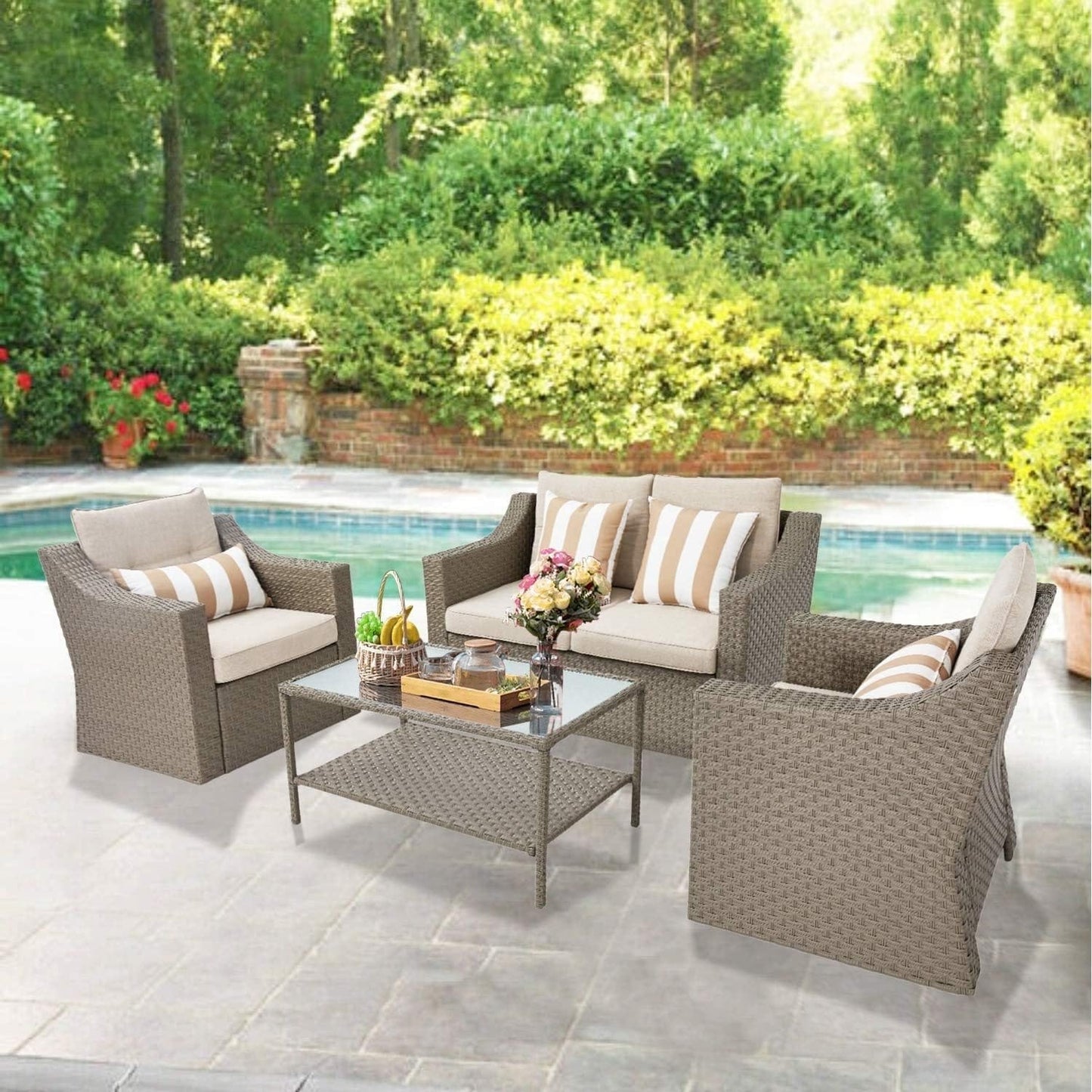 Ensemble de 4 ou 5 chaises longues en osier pour patio extérieur avec table basse et coussins