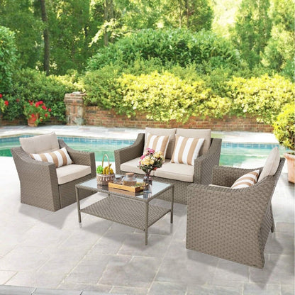 Ensemble de 4 ou 5 chaises longues en osier pour patio extérieur avec table basse et coussins