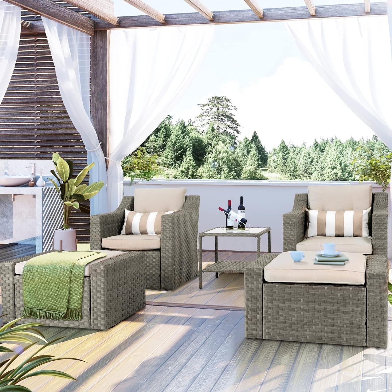 Ensemble de 5 chaises longues et poufs d'extérieur en osier pour patio