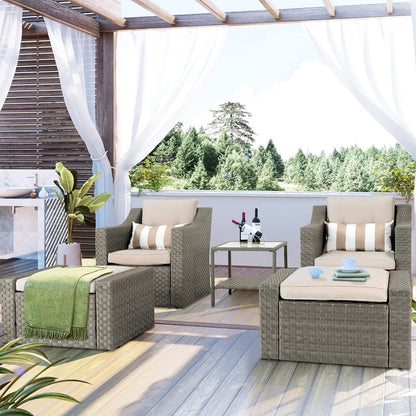 Ensemble de 5 chaises longues et poufs d'extérieur en osier pour patio
