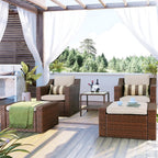 Ensemble de 5 chaises longues et poufs d'extérieur en osier pour patio