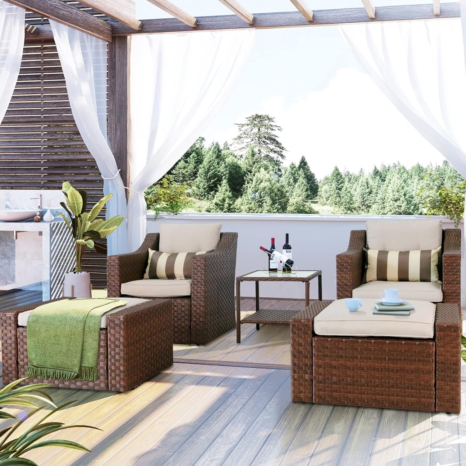 Ensemble de 5 chaises longues et poufs d'extérieur en osier pour patio