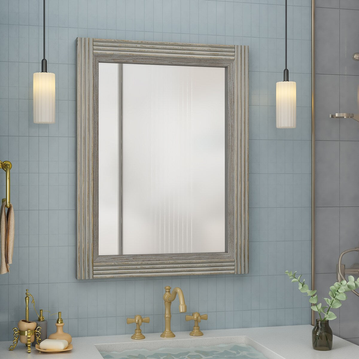 Miroir de salle de bain plat avec cadre en bois massif