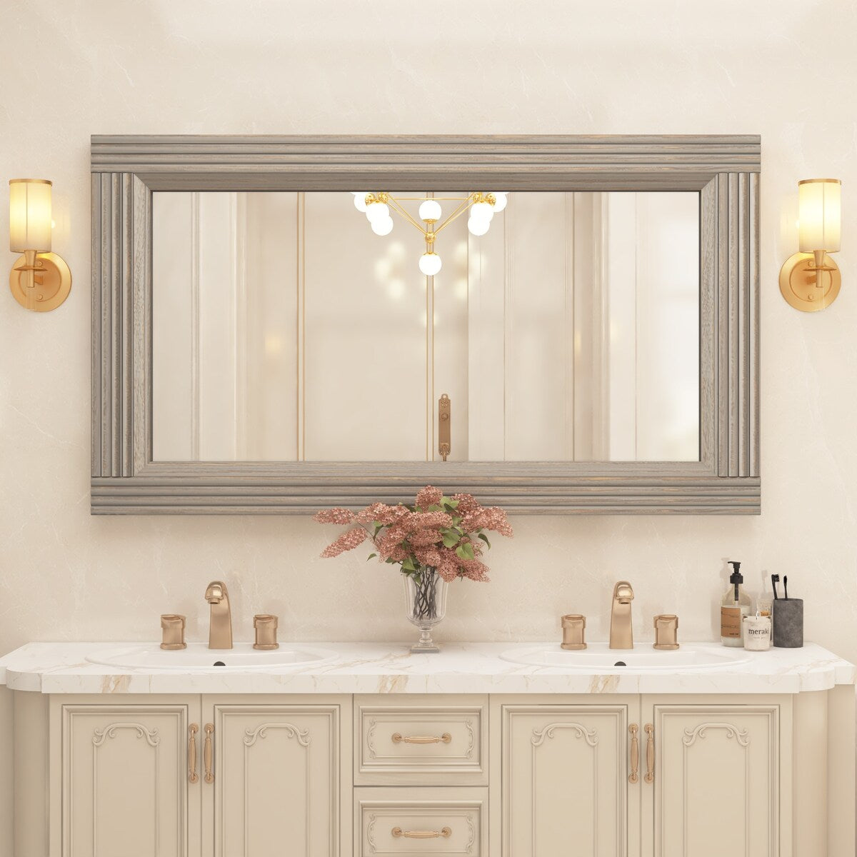 Miroir de salle de bain plat avec cadre en bois massif