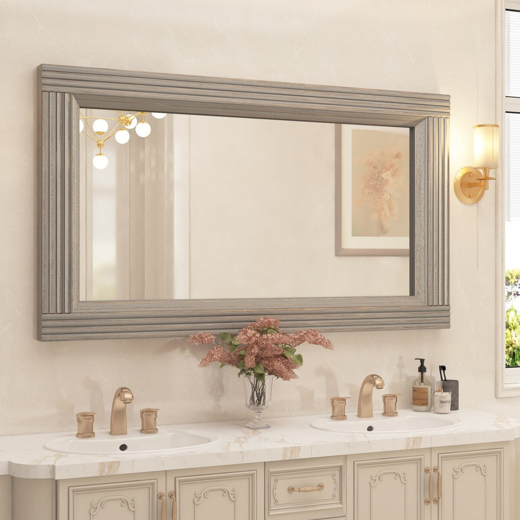 Miroir de salle de bain plat avec cadre en bois massif
