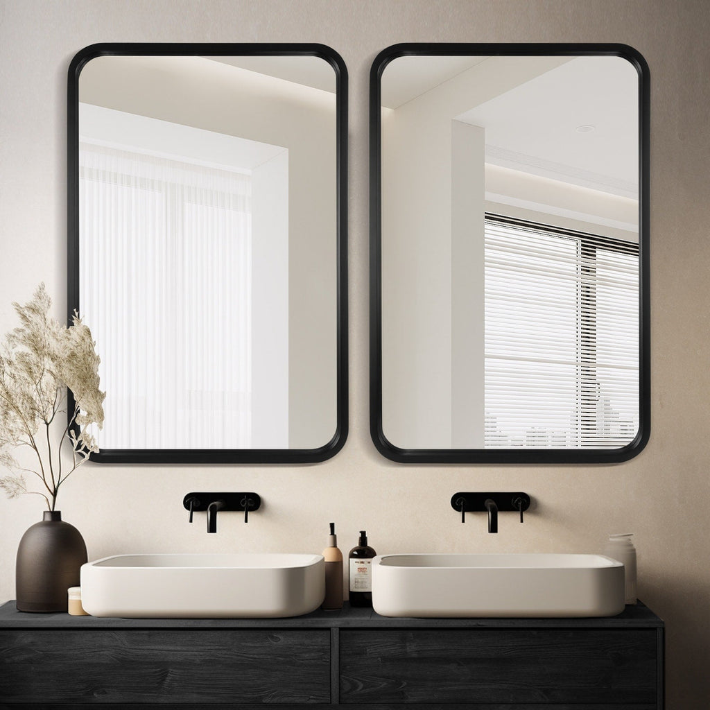 Miroir mural rectangulaire d'angle rond avec cadre en bois massif