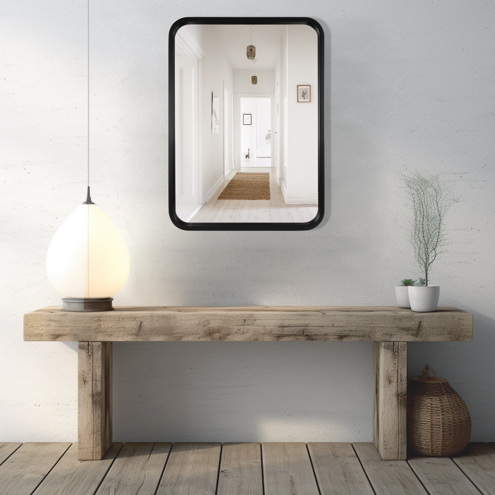 Miroir mural rectangulaire d'angle rond avec cadre en bois massif