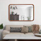 Miroir mural rectangulaire d'angle rond avec cadre en bois massif