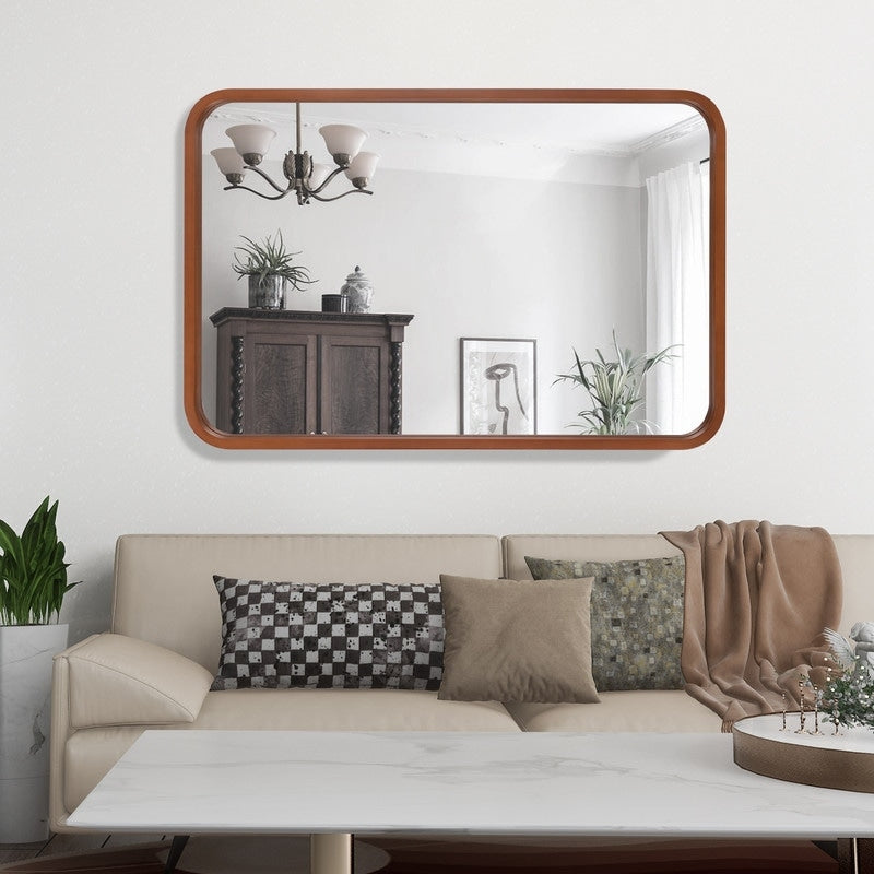 Miroir mural rectangulaire d'angle rond avec cadre en bois massif