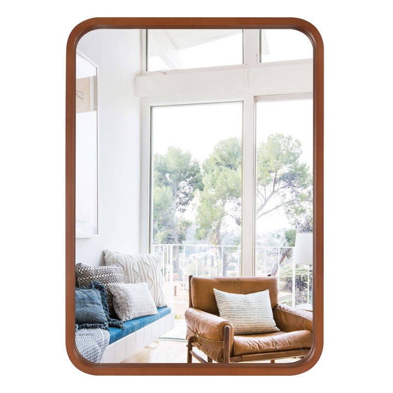 Miroir mural rectangulaire d'angle rond avec cadre en bois massif