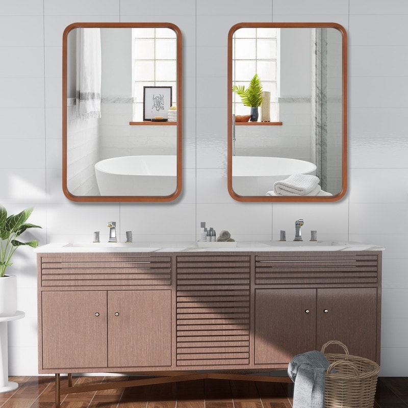 Miroir mural rectangulaire d'angle rond avec cadre en bois massif