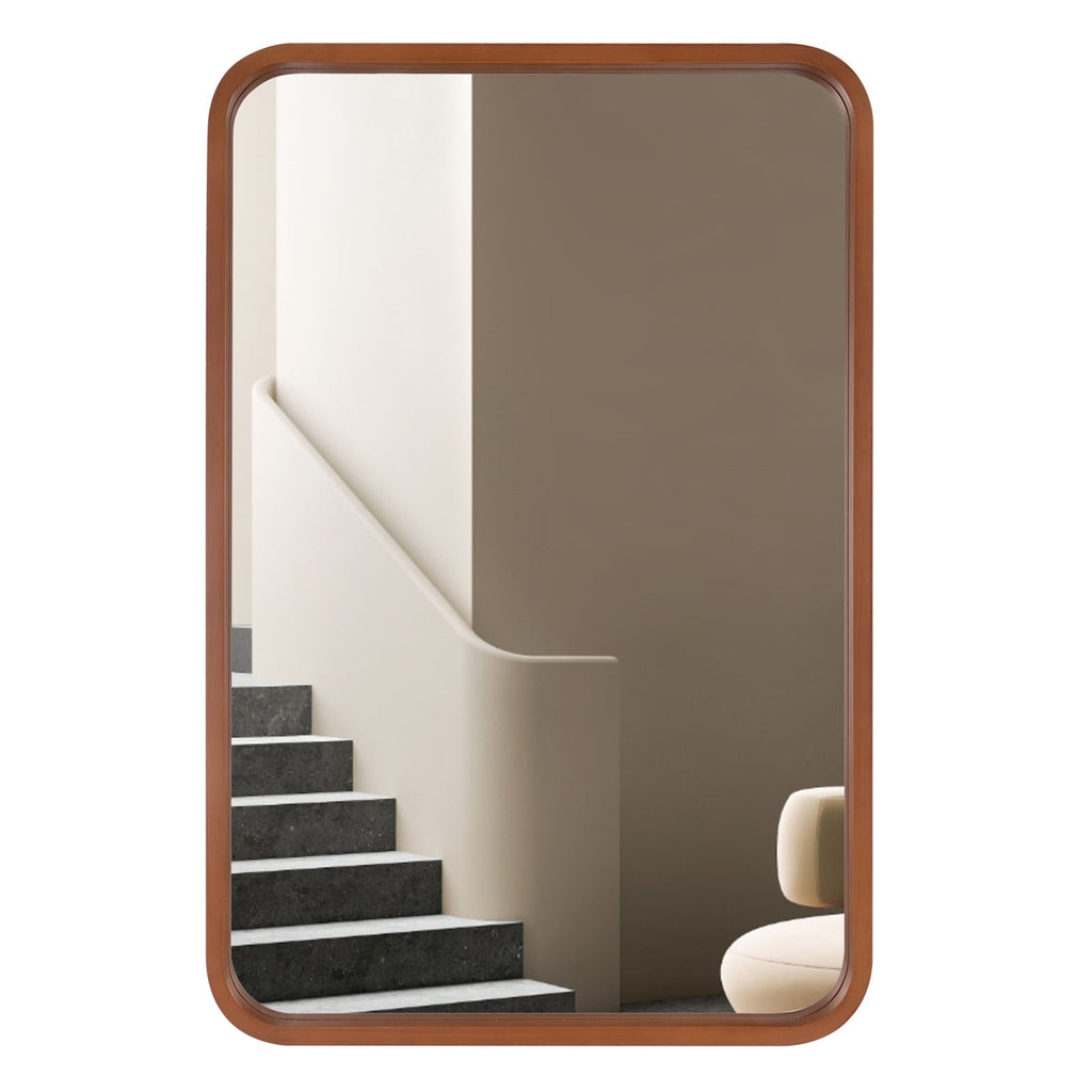 Miroir mural rectangulaire d'angle rond avec cadre en bois massif