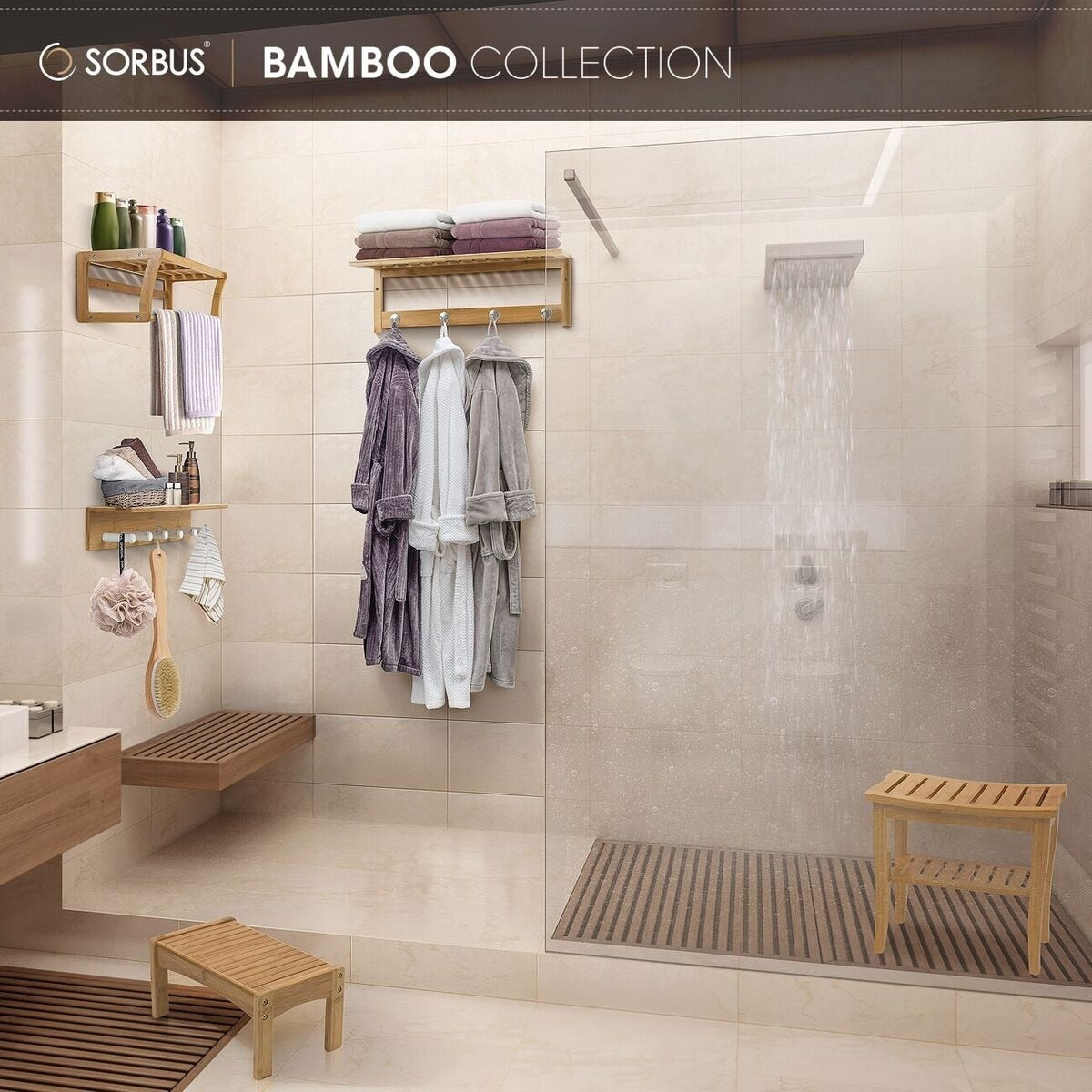 Banc de douche/tabouret en bambou Sorbus, rangement et assise en bois pour salle de bain