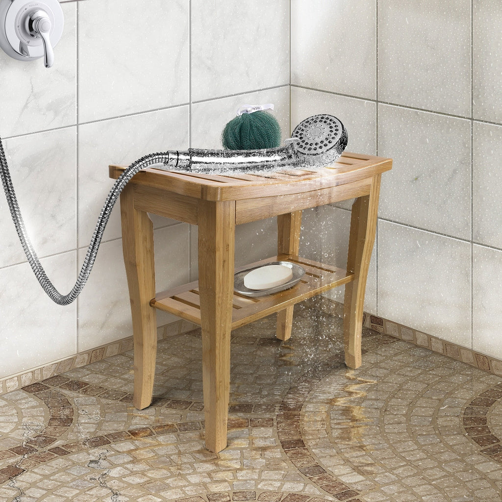 Banc de douche/tabouret en bambou Sorbus, rangement et assise en bois pour salle de bain
