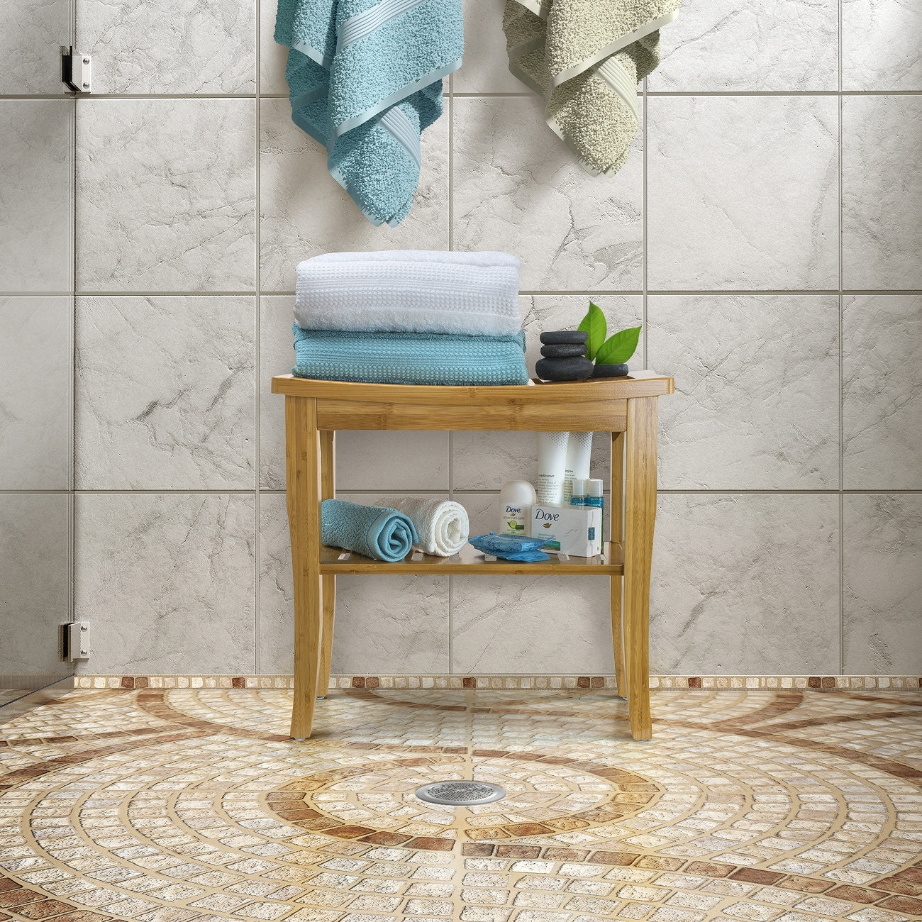 Banc de douche/tabouret en bambou Sorbus, rangement et assise en bois pour salle de bain