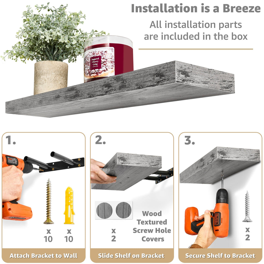 Étagères murales flottantes Sorbus en bois pour livres et rangement avec supports invisibles - Lot de 3