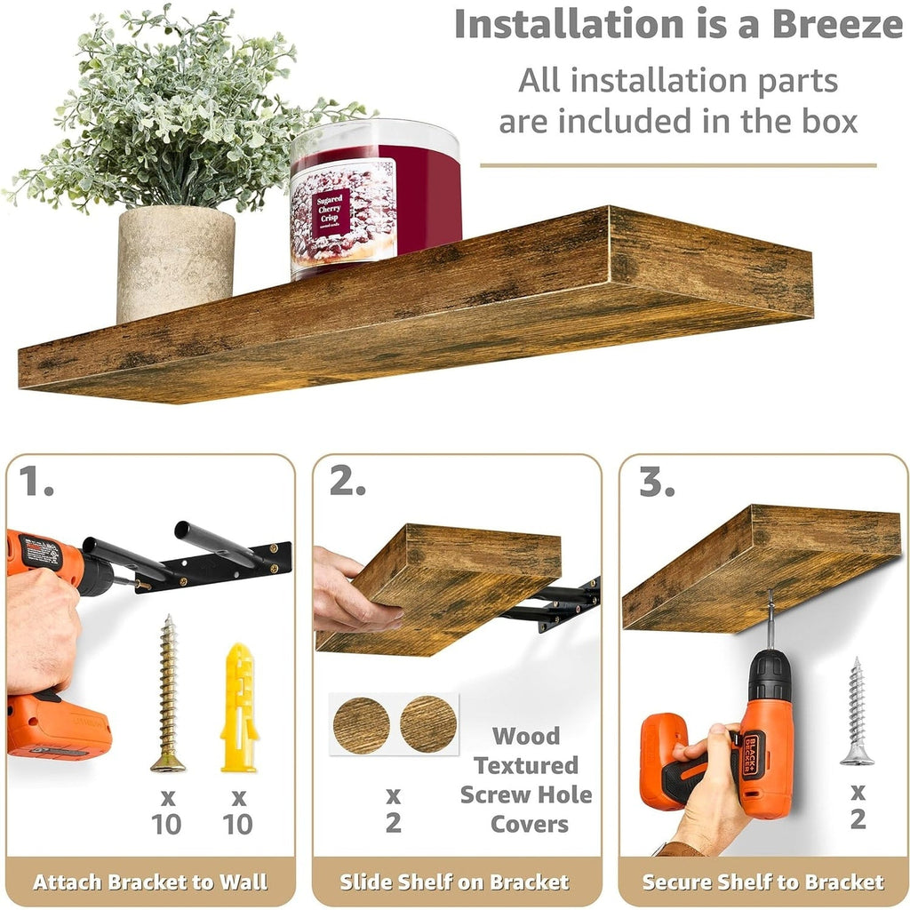 Étagères murales flottantes Sorbus en bois pour livres et rangement avec supports invisibles - Lot de 3