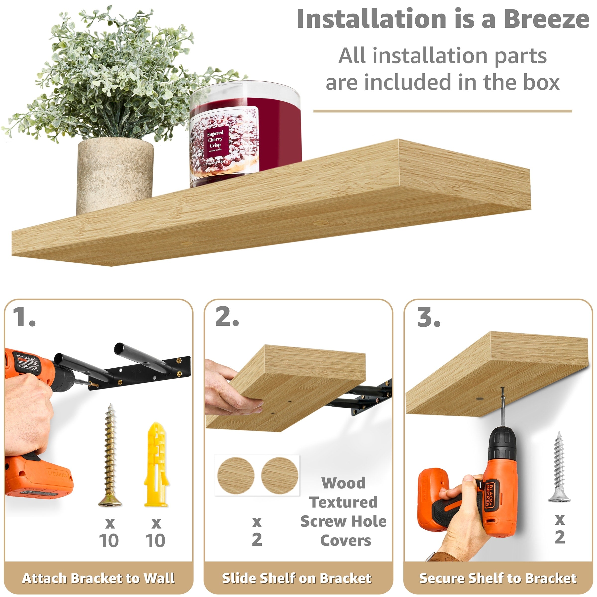 Étagères murales flottantes Sorbus en bois pour livres et rangement avec supports invisibles - Lot de 3