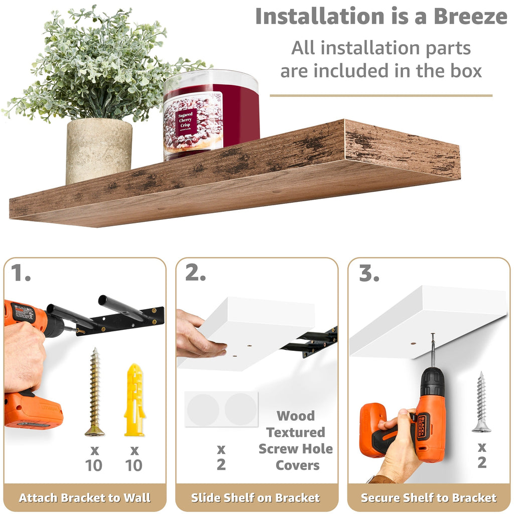 Étagères murales flottantes Sorbus en bois pour livres et rangement avec supports invisibles - Lot de 3
