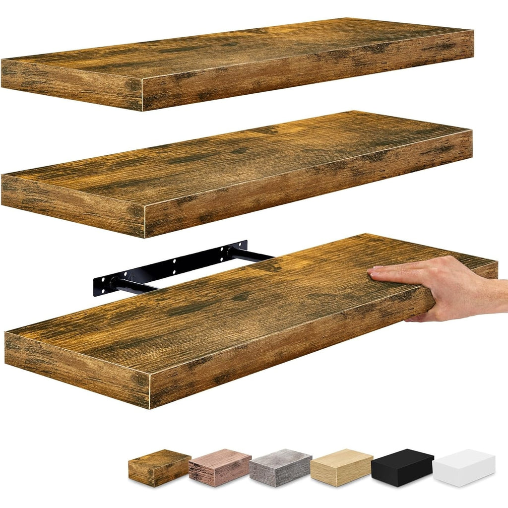 Étagères murales flottantes Sorbus en bois pour livres et rangement avec supports invisibles - Lot de 3