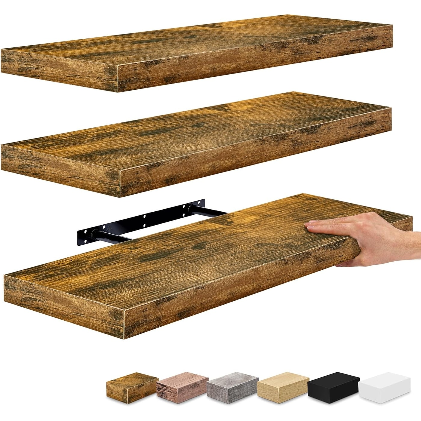 Étagères murales flottantes Sorbus en bois pour livres et rangement avec supports invisibles - Lot de 3