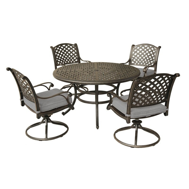 Ensemble de salle à manger rond en aluminium bronze vieilli South Ponto 5 pièces avec chaises pivotantes par Havenside Home