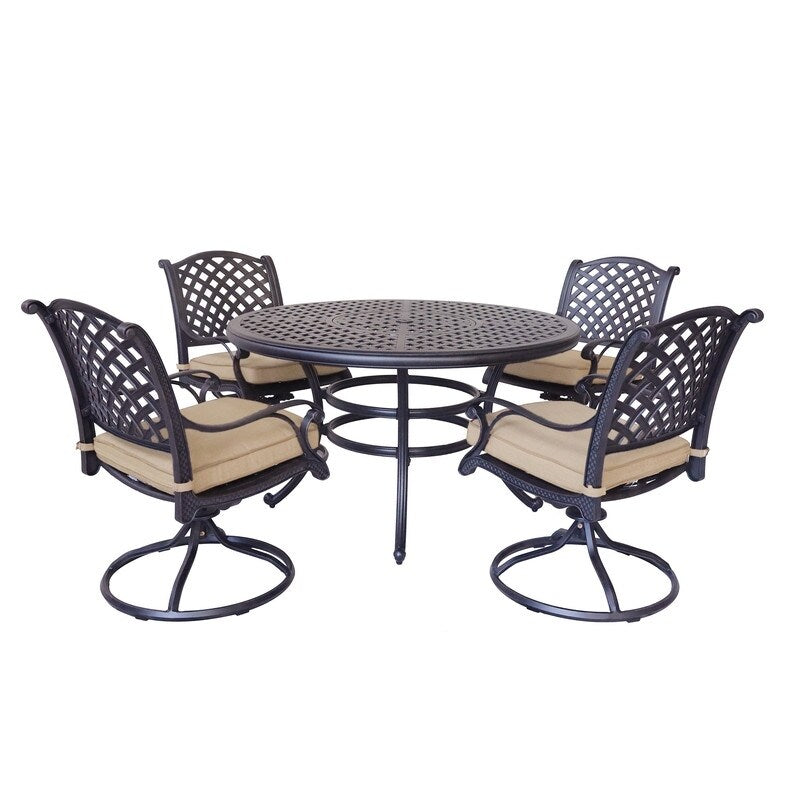 Ensemble de salle à manger rond en aluminium bronze vieilli South Ponto 5 pièces avec chaises pivotantes par Havenside Home