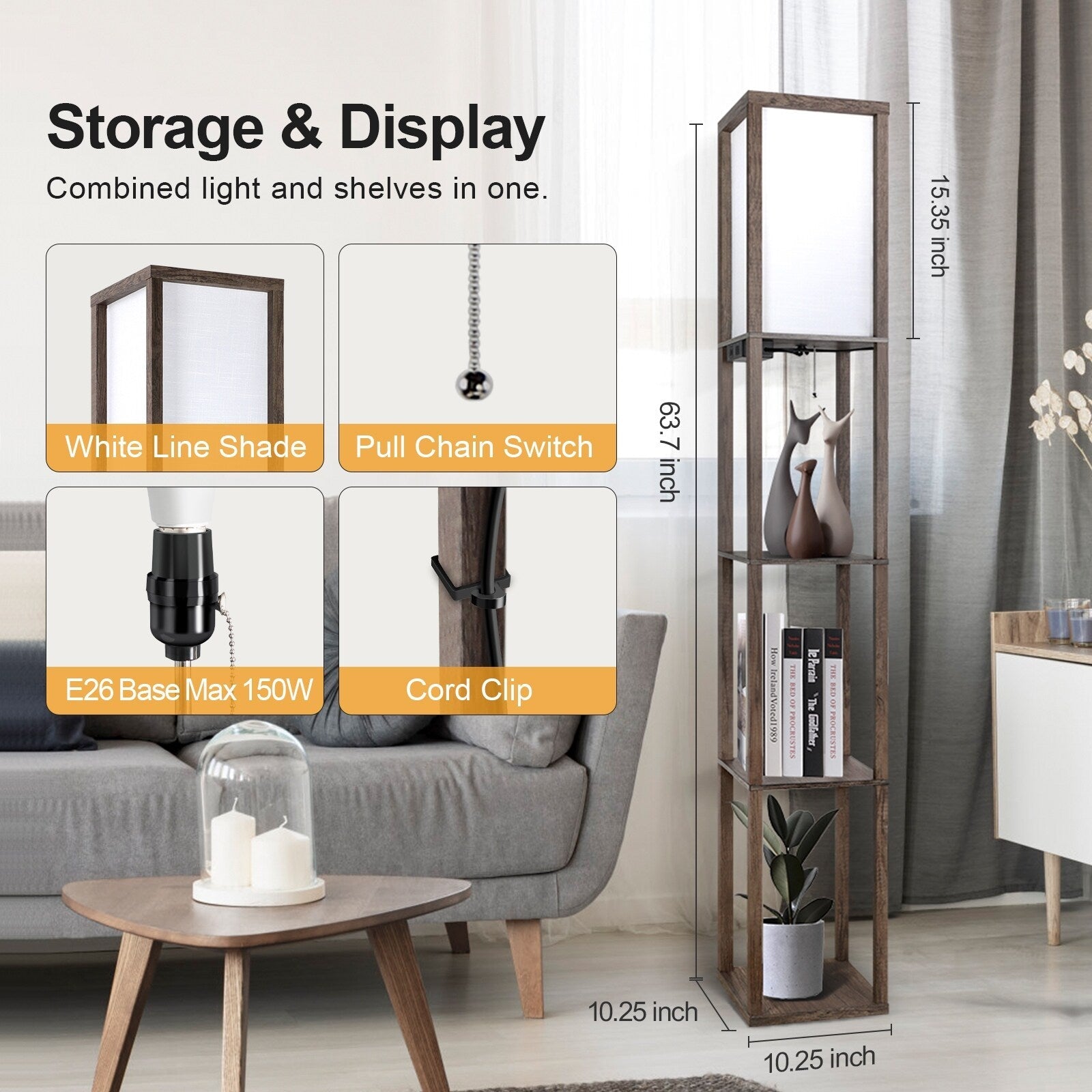 Lampadaire 63 avec étagères - Luminaire de salon avec étagères de rangement en bois